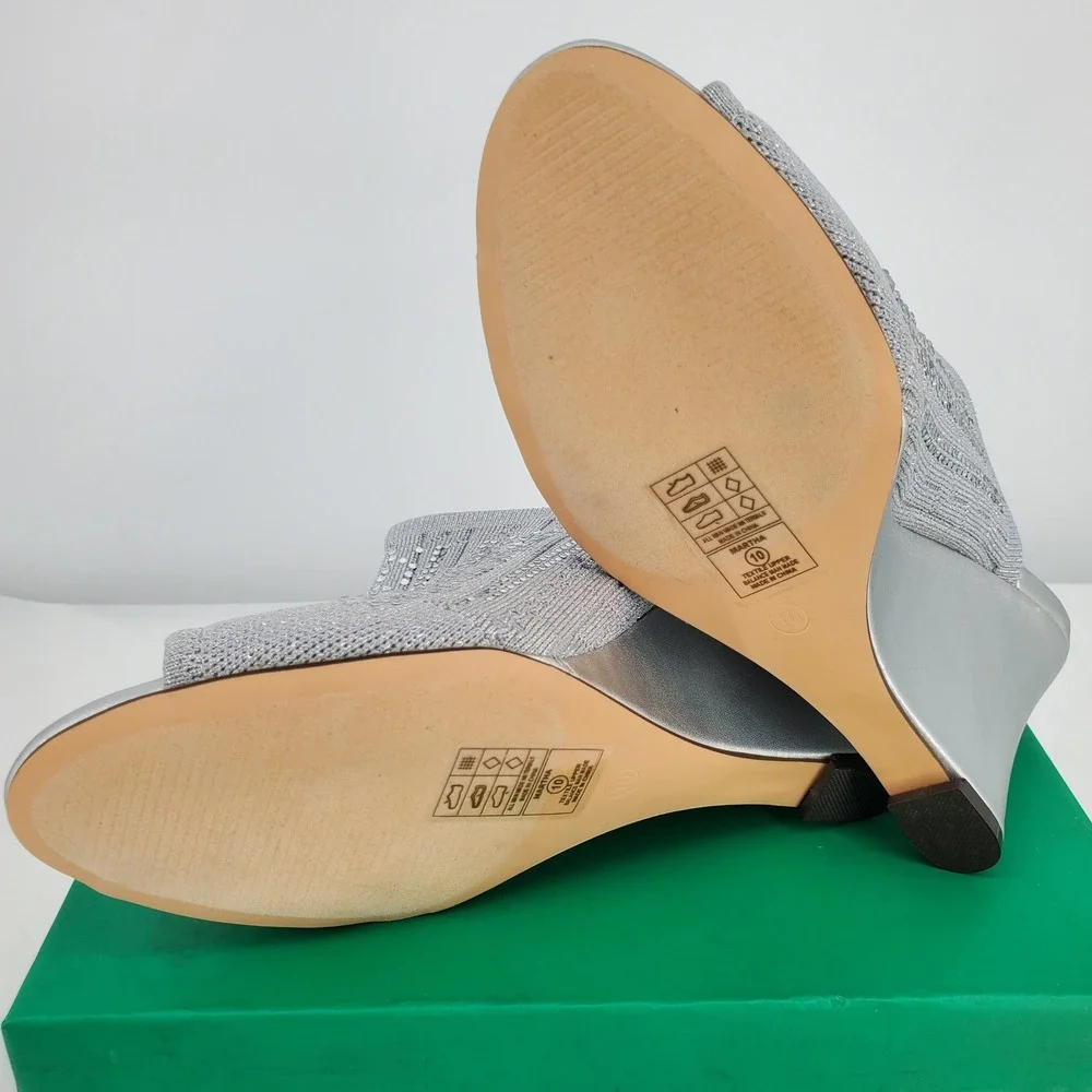 Lauren Lorraine Martha Silver Rhinestone‎ Wedge Mules Peep Toe Sandals Womens 10
